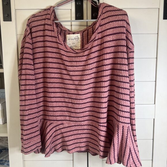 We The Free Tops - Free People We The Free Striped Slouchy Top Linen Blend Shirt Pink Size Large